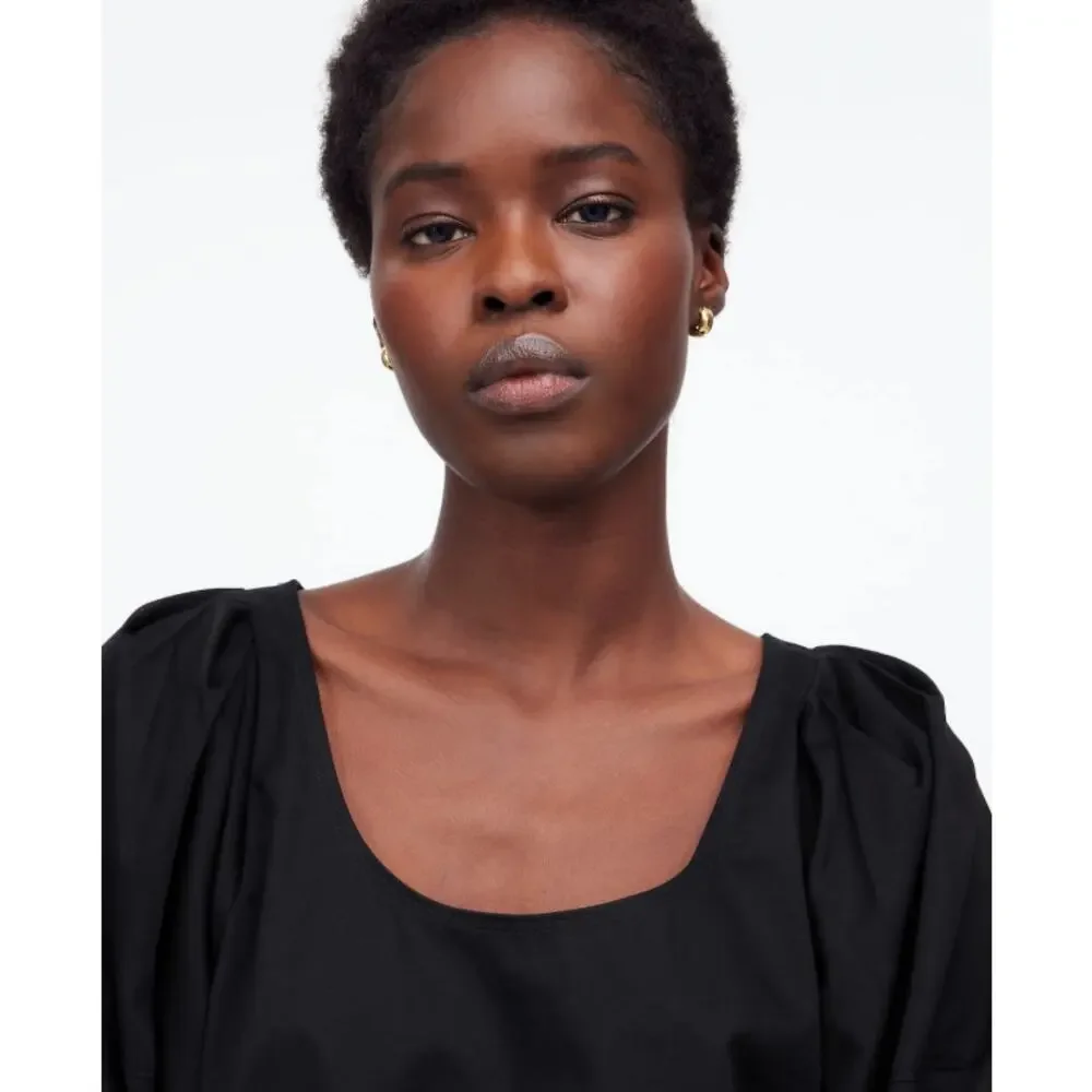 Madewell Scoop Neck Top Puff Short Sleeve Womens XS Black Relaxed Cotton Knit